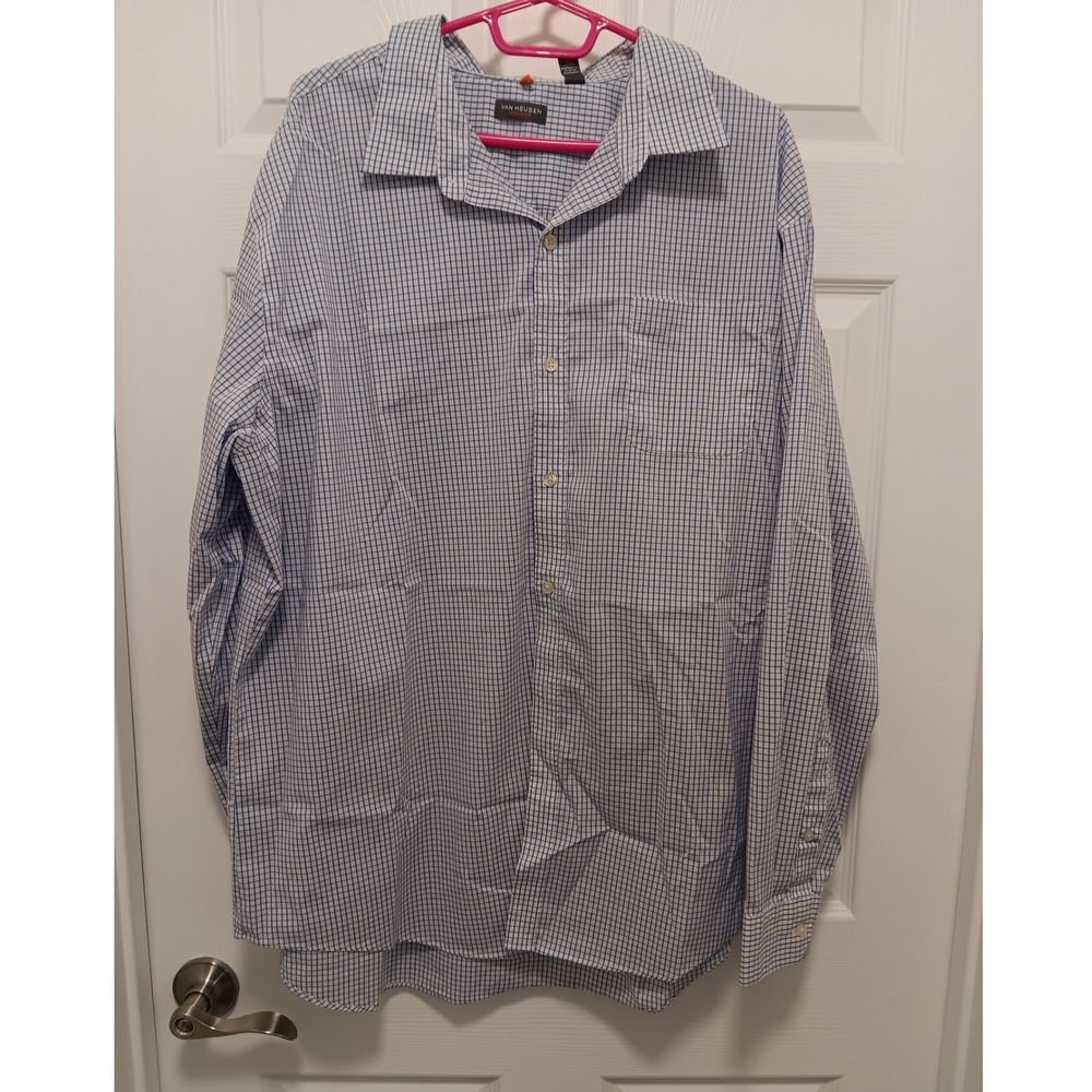 Van Heusen Traveler‎ Mens XXL Blue White Gingham Check Stretch Long Sleeve Shirt